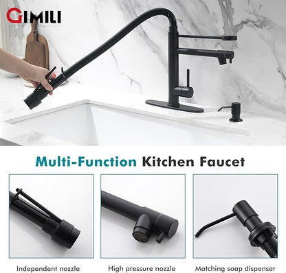 GIMILI Matte Black Kitchen Faucet with Soap Dispenser Commercial Kitchen Faucet with Pull Down Sprayer Double-Headed Single Handle Spring Stainless Steel Kitchen Sink Faucet