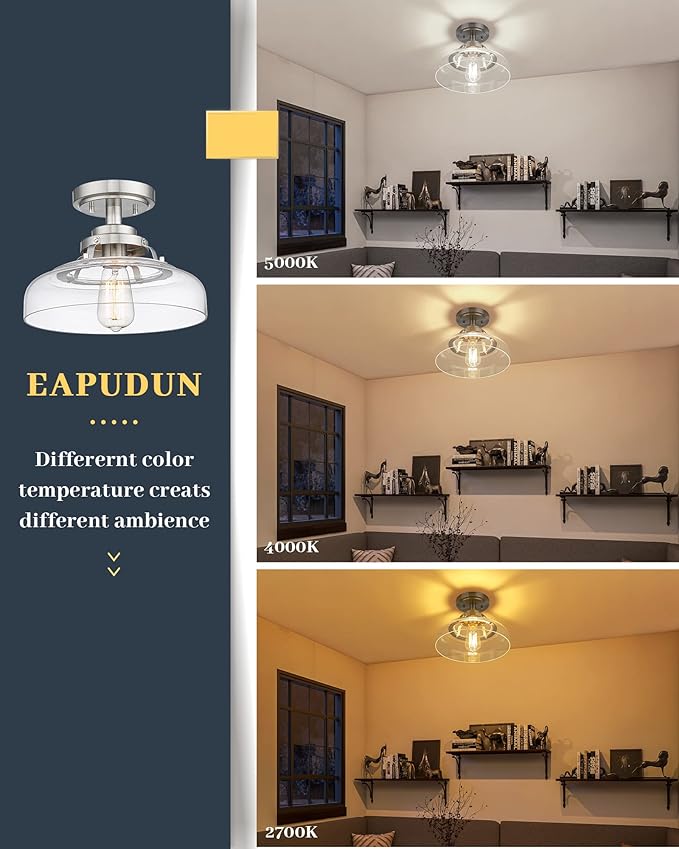 EAPUDUN Semi Flush Mount Ceiling Light, Farmhouse Close to Ceilight Lighting Fixture, Brushed Nickel Finish, Clear Glass Pendant Lamp Shade, SMA1307-BNK