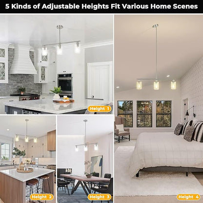 3-Light Modern Chandeliers, Brushed Nickel Kitchen Island Lighting Clear Glass Pendant Lighting Adjustable Height Linear Ceiling Hanging Light Fixture Pendant Light Dining Room Farmhouse