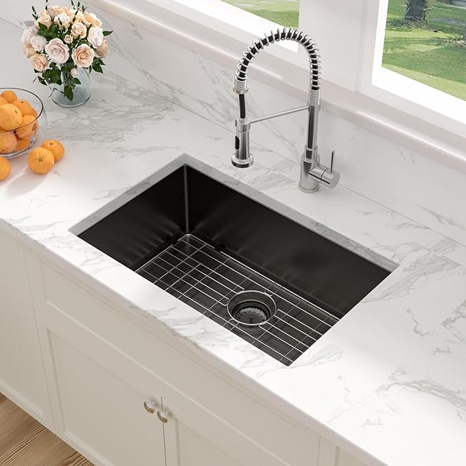 Sarlai 28 Black Kitchen Sink Undermount - 28 x 18 Inch Kitchen Sink Gunmetal Black 16 Gauge Stainless Steel Single Bowl Undermount Kitchen Sinks Basin