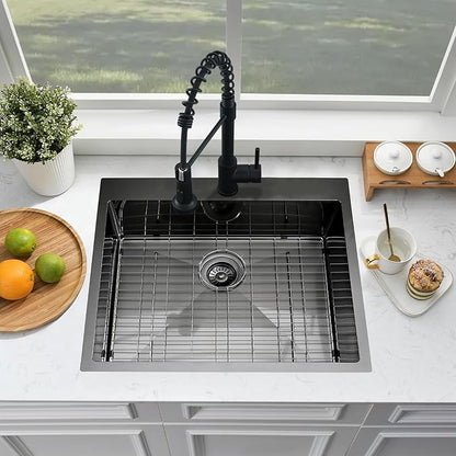 25 Inch Black Drop In Laundry Sink-Bokaiya 25x22 Stainless Steel Drop In Kitchen Sink with Faucet Combo Laundry Room Utility Sinks 16 Gauge Single Bowl 13" Deep Kitchen Sink