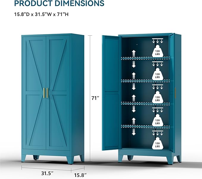 Farmhouse Pantry Cabinet with Barn Doors, 71" H x 31.5" W, 5-Tier Metal Storage Cabinet with 4 Adjustable Shelves for Kitchen Garage Dining Room,Blue 1 Pack