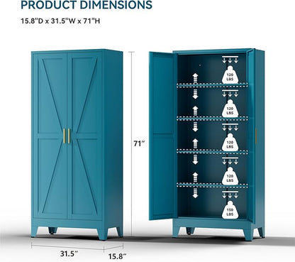 Farmhouse Pantry Cabinet with Barn Doors, 71" H x 31.5" W, 5-Tier Metal Storage Cabinet with 4 Adjustable Shelves for Kitchen Garage Dining Room,Blue 1 Pack