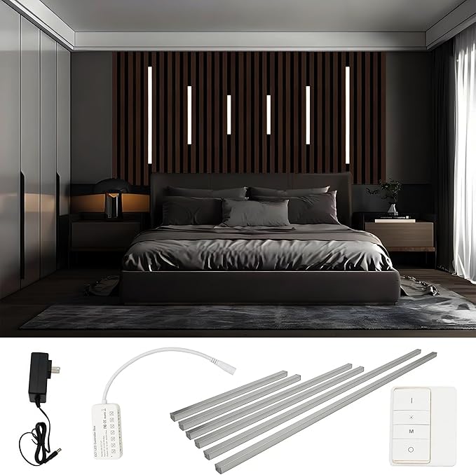 LED Recessed Wall Lighting Kit for Wall Panels CCT COB Strip Lights with Remote Controller, 6pcs Adhesive Wall Strip Lights, Dimmable 3000K-6000K for Wood Slat, Acoustic Panels, Kitchen, Stairs