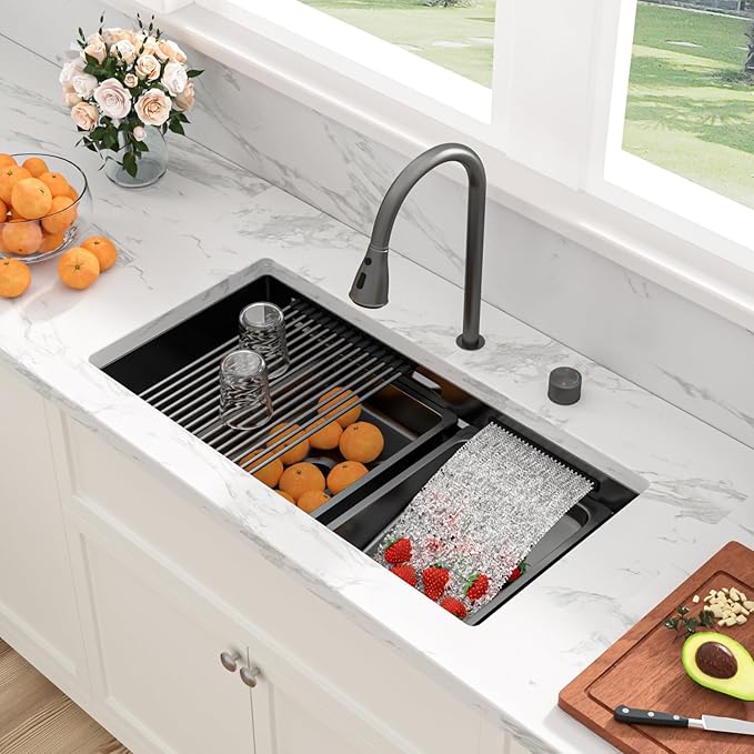 Sarlai 33 Inch Waterfall Kitchen Sink - Black Undermount Kitchen Sink With Waterfall Ledge Workstation Stainless Steel 16 Gauge Multifunction Single Bowl Under Mount Basin with Faucet