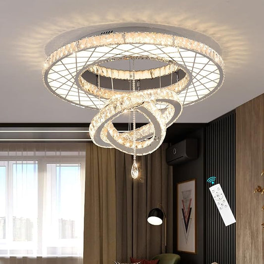 HAIXIANG Crystal Glam Chandelier LED Ceiling Light Dining Bedroom Interior Lighting Fixtures Remote Dimmable Ceiling Chandeliers 24 Inches Silver Light