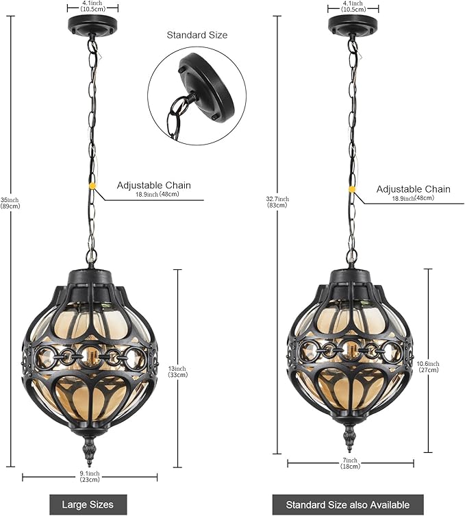 Globe Outdoor Pendant Lights for Porch Patio Garage, Matte Black Aluminum Anti-Rust Hanging Light Fixture, Industrial Round Amber Glass Exterior Chandelier, Outside Pendant Lamp, 2 Pack