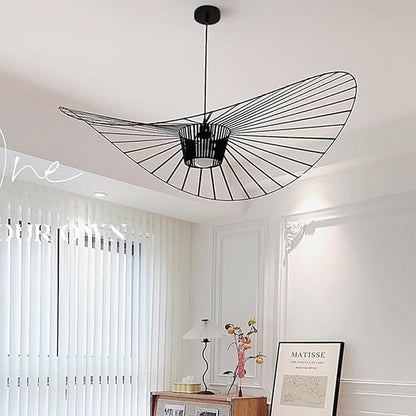 Modern Black Woven Chandelier, 62.99" Farmhouse Coastal Hat Pendant Light Fixtures Matte Black Handwoven Shade Boho Pendant Hanging Lamp for Kitchen Dining Room Bedroom Foyer Hallway