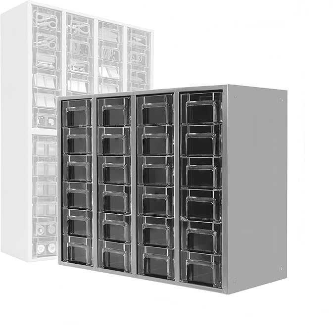 24-Drawer Heavy Duty Metal Parts Cabinet – Bolt and Nut Organizer with Clear PS Drawers, Hardware Storage Cabinet for Workshop Garage or Office, Bolt Bin, Stackable Design, No Assemble