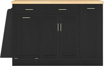 Multi-Functional Kitchen Sideboard with Trash Can Storage, Sliding Door Cabinet and 3-Tier Spice Rack, Kitchen Island Table with Drawers for Kitchen, Dining Room,BlackParticleBoardMD