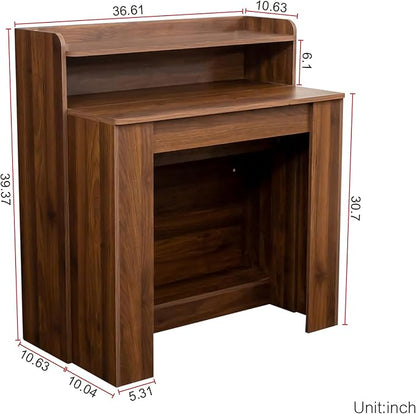 SOFTSEA Extendable Foldable Dining Room Table with Storage, Rustic Rectangle Expandable Kitchen Island, Walnut