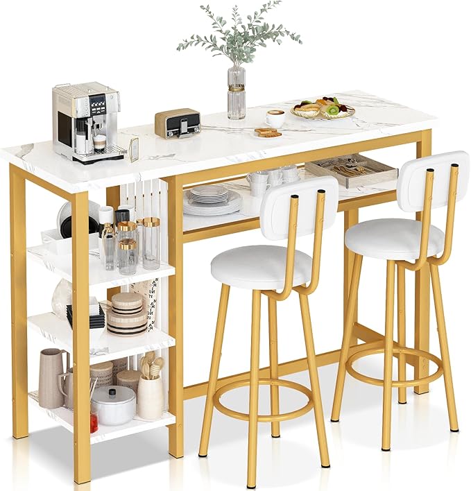 Lamerge Furniture Kitchen Bar Height Table and Chairs for 2, 5-Tier Compact Dining Room Table, White Faux Marble Top and 2 PU Leather Upholstered Seat, Modern Diningroom Set for Home/Studio/Office