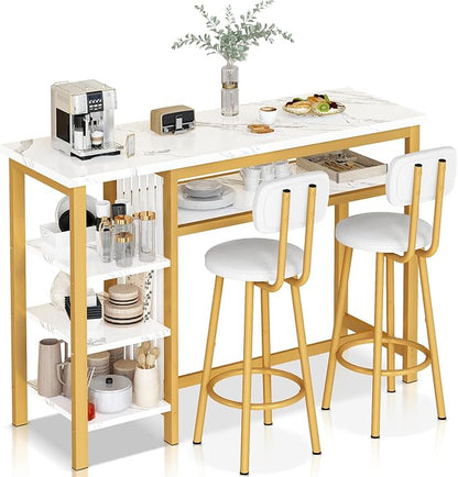 Lamerge Furniture Kitchen Bar Height Table and Chairs for 2, 5-Tier Compact Dining Room Table, White Faux Marble Top and 2 PU Leather Upholstered Seat, Modern Diningroom Set for Home/Studio/Office