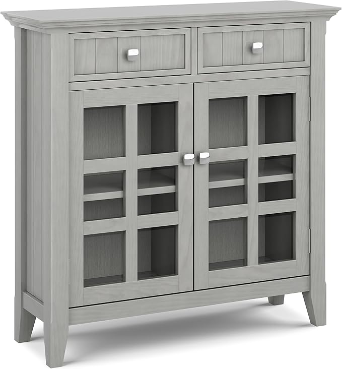 SIMPLIHOME Acadian Storage Cabinet - 36 inch Wide Solid Wood Entryway Storage Cabinet in Fog Grey, Transitional Cabinet for Hallway or Living Room with 2 Drawers and Adjustable Shelves