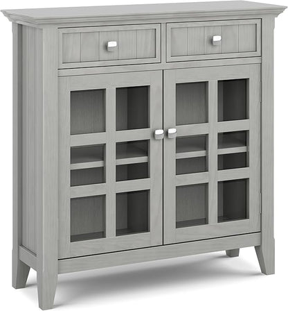SIMPLIHOME Acadian Storage Cabinet - 36 inch Wide Solid Wood Entryway Storage Cabinet in Fog Grey, Transitional Cabinet for Hallway or Living Room with 2 Drawers and Adjustable Shelves