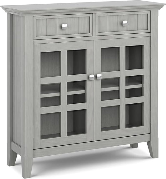 SIMPLIHOME Acadian Storage Cabinet - 36 inch Wide Solid Wood Entryway Storage Cabinet in Fog Grey, Transitional Cabinet for Hallway or Living Room with 2 Drawers and Adjustable Shelves