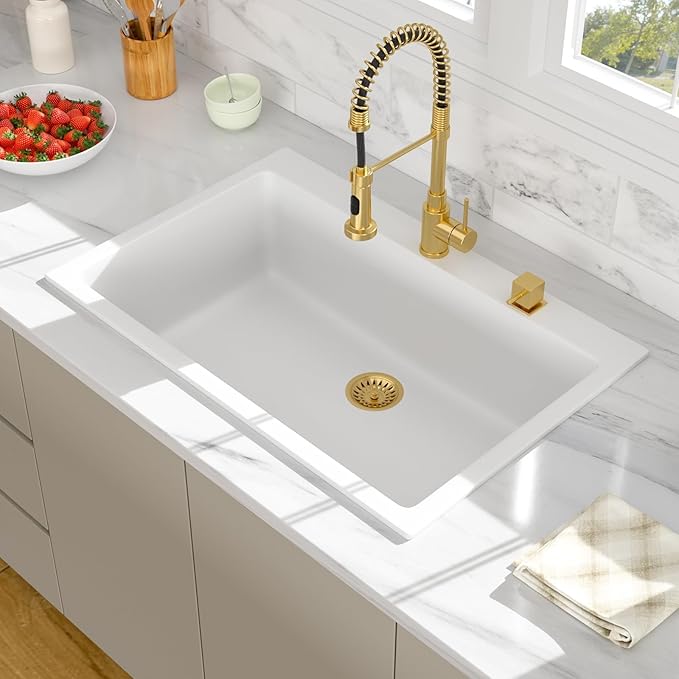 33 Granite Composite Kitchen Sink - Beslend 33x22 Inch Drop In Granite Kitchen Sink Topmount White Quartz Sinks Classic Above Counter Single Bowl Basin