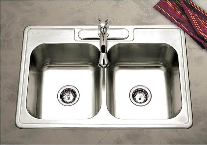 Houzer Glowtone Stainless Steel Kitchen Bar & Prep Sink - 33 Inch Drop-In Topmount 3-Hole 50/50 Double Bowl Sink, Durable & Versatile, Nested 36-Pack - 3322-8BS3-36
