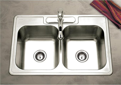 Houzer Glowtone Stainless Steel Kitchen Bar & Prep Sink - 33 Inch Drop-In Topmount 3-Hole 50/50 Double Bowl Sink, Durable & Versatile, Nested 36-Pack - 3322-8BS3-36