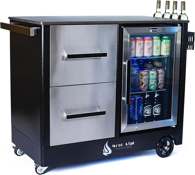 Mont Alpi Stainless Steel 48"W x 22.5"D x 36"H Large Outdoor Kitchen Island Rolling Bar Cart Prep Table Grill Station with Ceramic Top & Beverage Refrigerator + Storage Drawers + Portable Ice Cooler