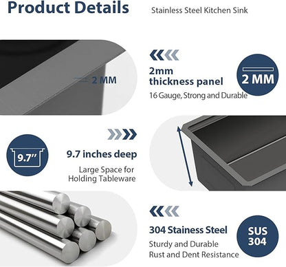 Lordear Luxury 45 Black Undermount Kitchen Sink NANO PVD Large Ledge Workstation T304 16 Gauge Stainless Steel Single Bowl Under Counter, 45''x19''x10''