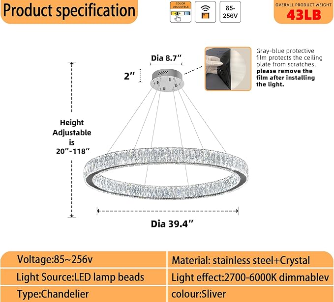 39.4in Large Ring Chandelier Modern LED Crystal Chandelier Chrome Round Crystal Chandeliers for Dining Room Living Room