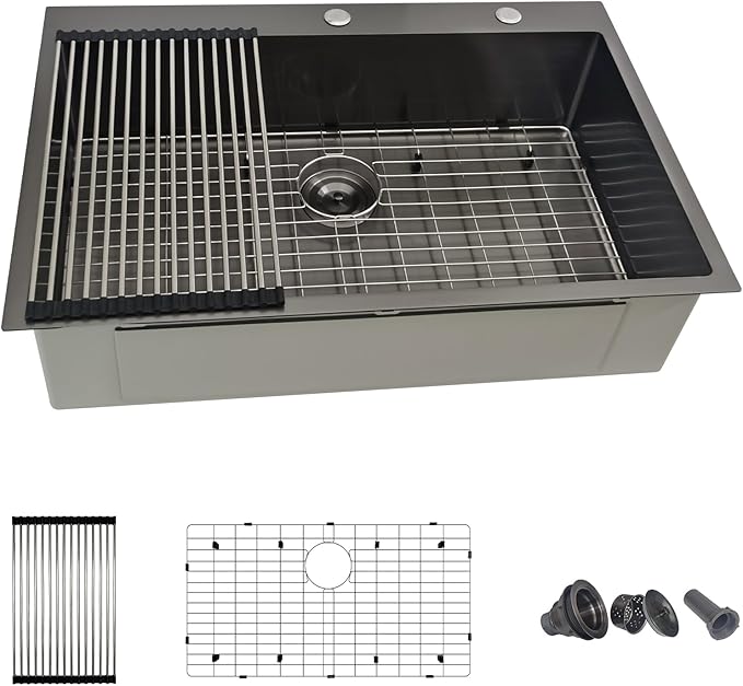 33x22 Black Drop In Kitchen Sink, Delironexu 16 Gauge 304 Black Stainless Steel Top Mount Kitchen Sink, 33 Inch Single Bowl Black Kitchen Sink with Accessories