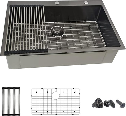 33x22 Black Drop In Kitchen Sink, Delironexu 16 Gauge 304 Black Stainless Steel Top Mount Kitchen Sink, 33 Inch Single Bowl Black Kitchen Sink with Accessories
