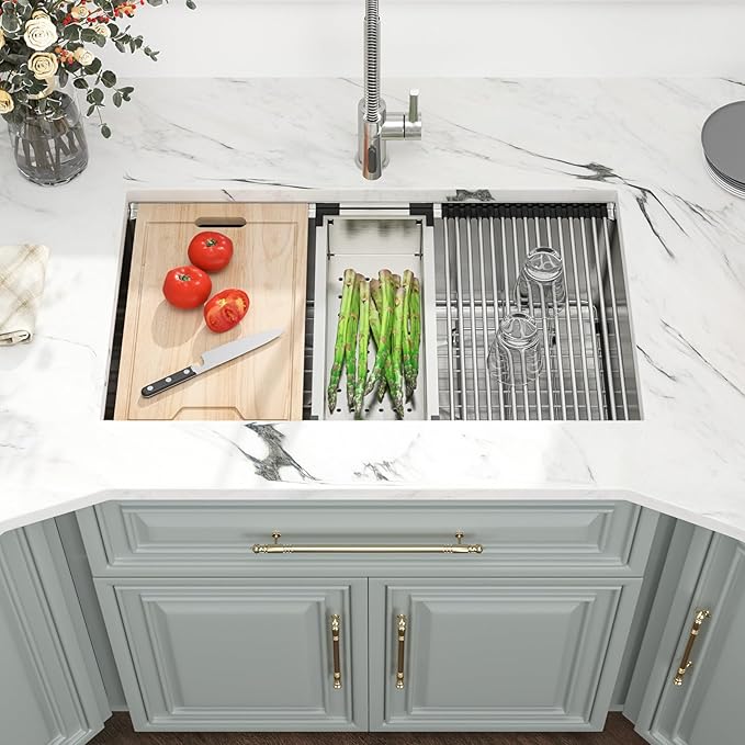 32 Kitchen Sink Undermount Workstation - Kichae 32x19 Undermount Kitchen Sinks Ledge Workstation 16-Gauge Stainless Steel Deep Single Bowl Under Counter Handmade Basin