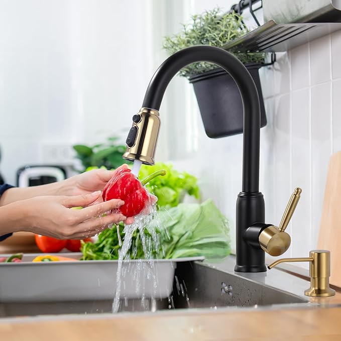 Black Gold Kitchen Faucet with Soap Dispenser, WOWOW Stainless Steel Kitchen Faucet for Sink 2 or 4 Hole, High Arc Vintage Kitchen Sink Faucet with Pull Down Sprayer