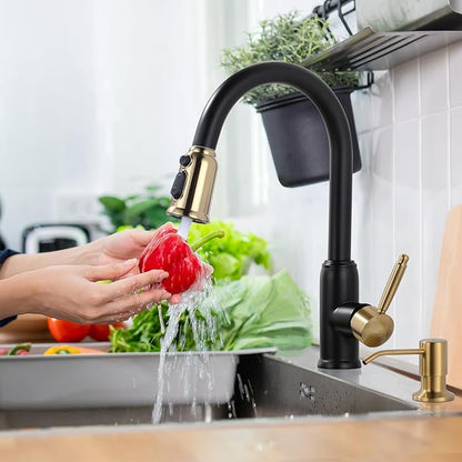 Black Gold Kitchen Faucet with Soap Dispenser, WOWOW Stainless Steel Kitchen Faucet for Sink 2 or 4 Hole, High Arc Vintage Kitchen Sink Faucet with Pull Down Sprayer