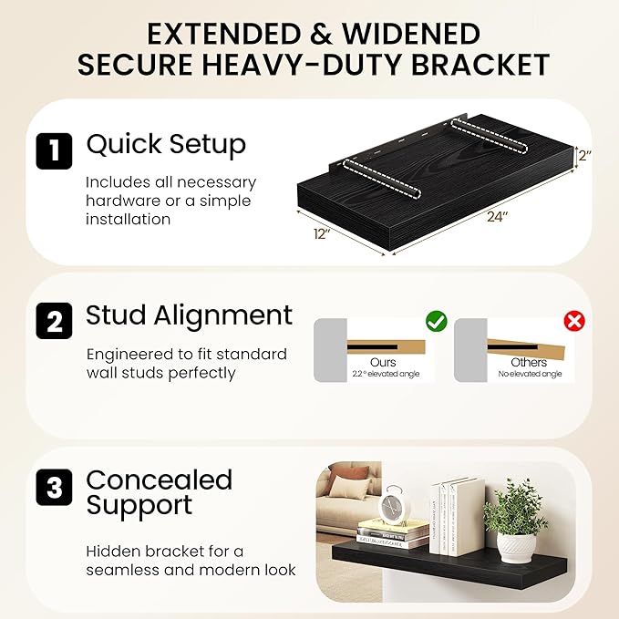 Black Floating Shelves 48Inch Long, 12 Inch Deep Floating Shelves for Wall, 48 x 12 Large Floating Shelf for Fireplace Mantel, 2" Thicked Rustic Wall Shelves for Living Room, Bedroom Storage, 2 Packs