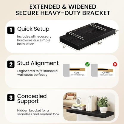 Fun Memories 12 Inch Deep Black Floating Shelf, 24 x 12 Rustic Wood Wall Shelf for Books, 2" Thick Deep Floating Shelf for Storage & Display in Kitchen, Living Room, Bedroom, 2 Packs
