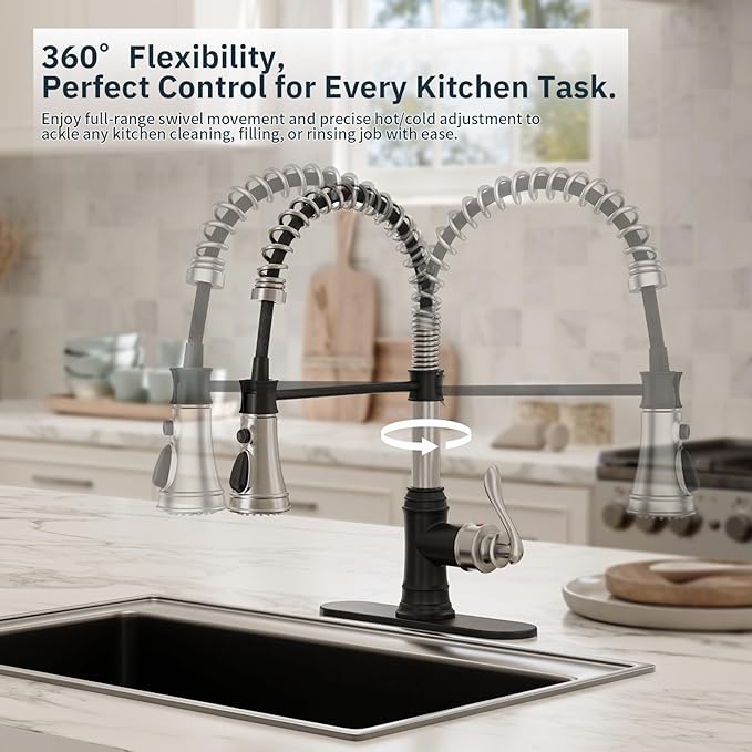 BWE Kitchen Faucet with Pull Down Sprayer, 3 Function High Arc Farmhouse Commercial Bar Sink Faucet, Black and Brushed Nickel Kitchen Sink Faucets