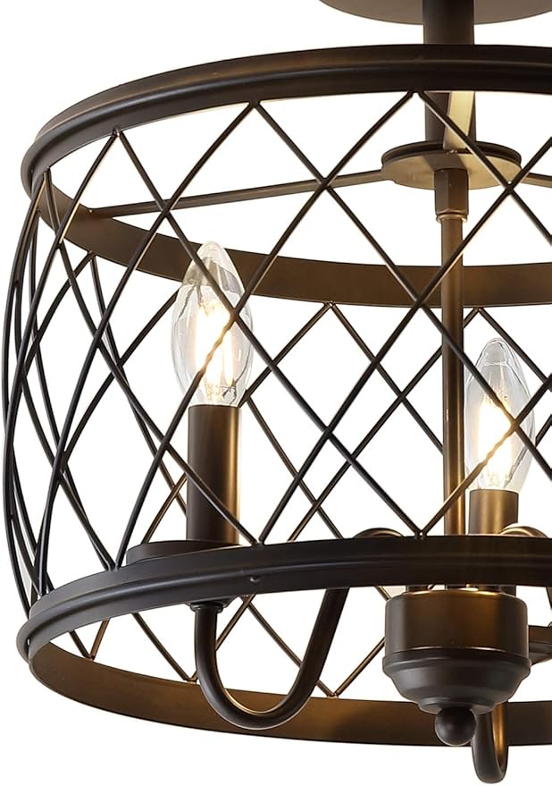 JONATHAN Y 15" Oil Rubbed Bronze LED Semi Flush Mount Ceiling Light, 3-Light Modern Industrial Drum Fixture for Bedroom Living Room Hallway, Gold Metal Cage Shade (JYL9037B)