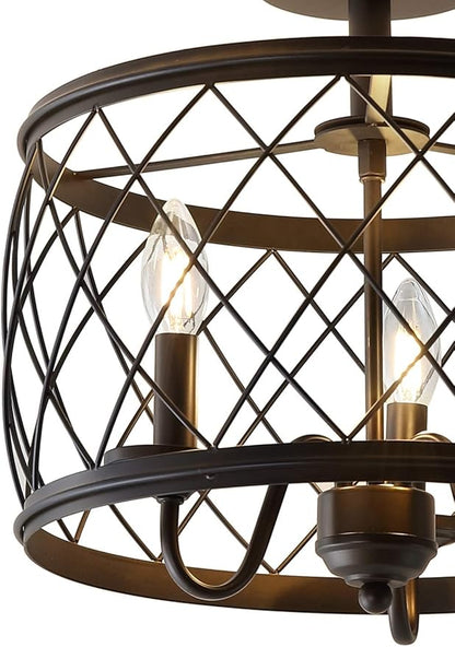 JONATHAN Y 15" Oil Rubbed Bronze LED Semi Flush Mount Ceiling Light, 3-Light Modern Industrial Drum Fixture for Bedroom Living Room Hallway, Gold Metal Cage Shade (JYL9037B)