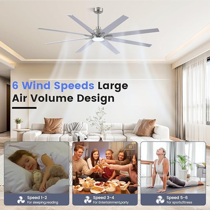 Newday 72 inch Large Ceiling Fans with Lights and Remote, Indoor/Outdoor Brushed Nickel Ceiling Fan for Living Room Patio, 6 Speeds Slient Reversible DC Motor, 3CCT, Timer, 3 Downrods, 8 Blades