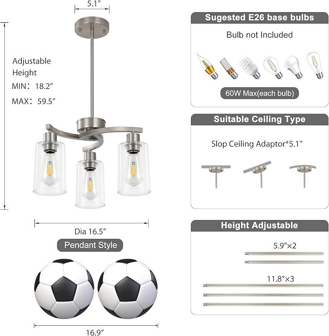Sigaitwei 3 Light Brushed Nickel Modern Pendant Light, 16.5" Kitchen Island Lighting with Clear Glass Shade, Adjustable Dining Room Chandelier Over Table, Farmhouse Industrial Hanging Fixture