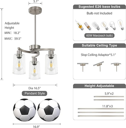 Sigaitwei 3 Light Brushed Nickel Modern Pendant Light, 16.5" Kitchen Island Lighting with Clear Glass Shade, Adjustable Dining Room Chandelier Over Table, Farmhouse Industrial Hanging Fixture