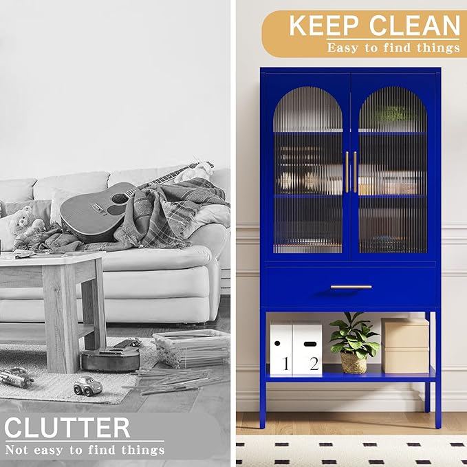 ALBAD 63 Inch Tall Metal Pantry/Display/Storage Cabinet with Fluted Glass Doors and Drawer & Adjustable Shelf for Modern Home Office Living Room Kitchen Blue