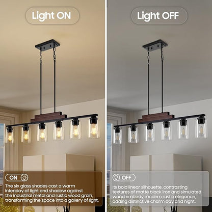 Farmhouse Dining Room Light Fixture Over Table, 6-Light Linear Chandeliers for Dining Room Hanging, Black Pendant Lights Kitchen Island Lighting, Wood Ceiling Light Fixture with Clear Glass Shade