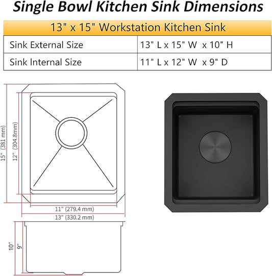Black Undermount Bar Sink, 16 Gauge 304S Stainless Steel Kitchen Sink with Workstation Ledge & Accessories, 13" x 15" x 10" Small Kitchen Sinks For RV, Outdoor and Wet Bar