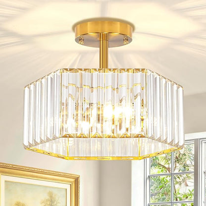 TOULMJ Crystal Semi Flush Mount Ceiling Light, 3-Light Modern Close to Ceiling Light Fixtures, Gold Hallway Light Fixtures Flush Mount Chandelier for Entryway Kitchen Bedroom Dining Laundry Room
