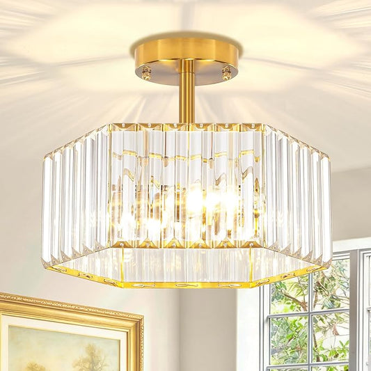 TOULMJ Crystal Semi Flush Mount Ceiling Light, 3-Light Modern Close to Ceiling Light Fixtures, Gold Hallway Light Fixtures Flush Mount Chandelier for Entryway Kitchen Bedroom Dining Laundry Room