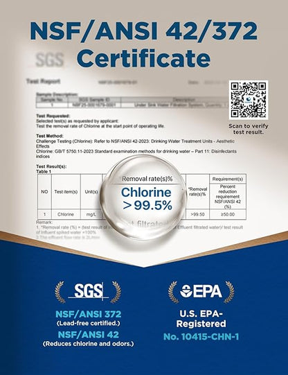 NOVETE Under Sink Water Filter, Upgraded 30K Gallons, NSF/ANSI 42 & 372 Certified, Reduces 99.5% Chlorine, Lead, PFOA/PFOS, Bad Taste, Direct Connect to Kitchen Faucet, USA Tech, UWF1A-PC-1, Black