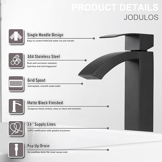Black Matte Waterfall Vessel Sink Faucet Bathroom, Stainless Steel Tall Bathroom Faucet Single Hole with cUPC Supply Hose and Pop Up Stopper JU-BS101-BK