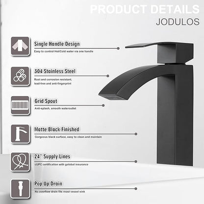 Black Matte Waterfall Vessel Sink Faucet Bathroom, Stainless Steel Tall Bathroom Faucet Single Hole with cUPC Supply Hose and Pop Up Stopper JU-BS101-BK