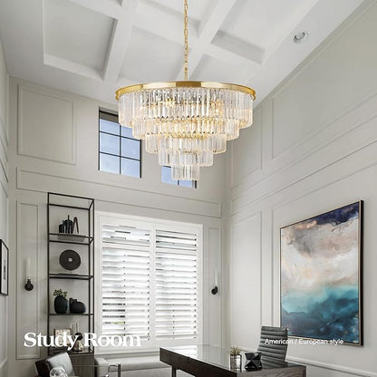Gold Plated Modern Crystal Chandeliers Lighting Contemporary Pendant Chandelier Ceiling Lamp Lights Fixture 5-Tier (10 Lights) for Dining Living Room Entryway W28 Inch