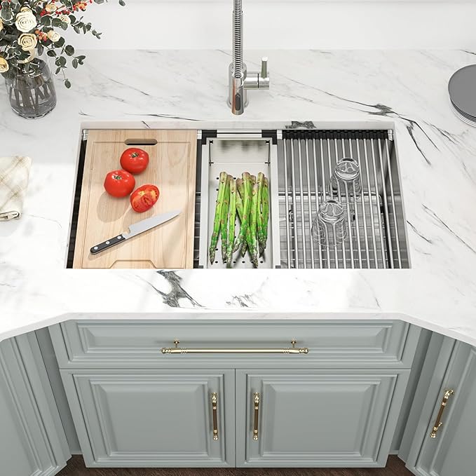 Kichae 33 Undermount Kitchen Sink- 33 x 19 Undermount Sink Ledge Workstation Stainless Steel 16 Gauge Single Bowl Round Corner Handmade with Cutting Board