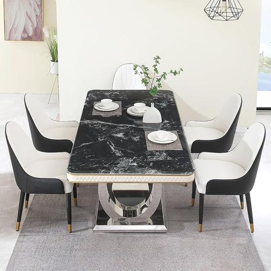 Modern Rectangular Dining Table for 6-8, Luxury Sintered Stone Kitchen Table with Heavy-Duty Double Circle Stainless Steel Base, Heat-Resistant Furniture for Dining Room (Table+4 Chairs)